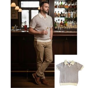 Oxknit sweater mens jacquard cream pink burgundy size small 60s small